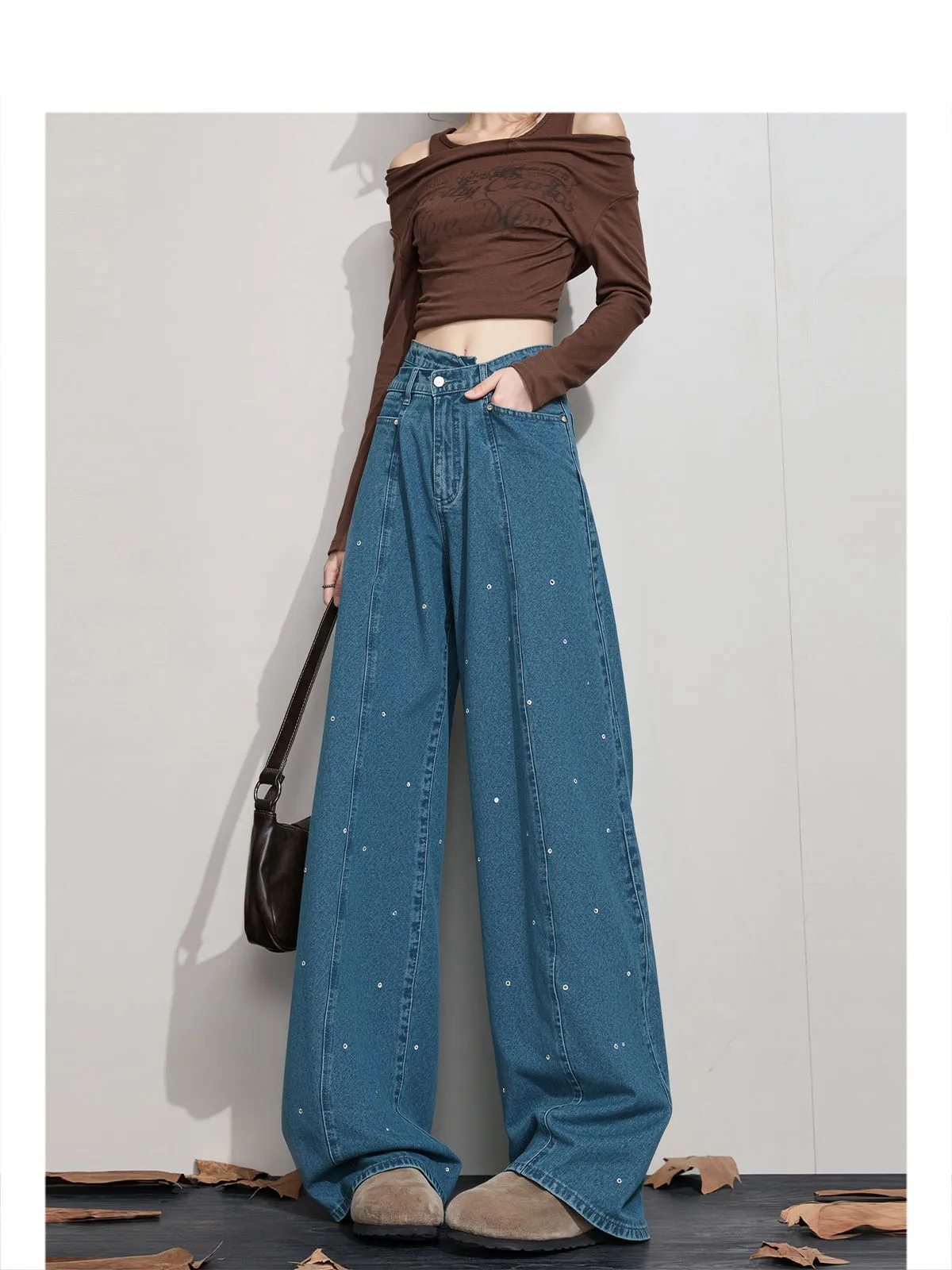 

Широкие джинсы прямого кроя с высокой талией. Женские универсальные повседневные летние новые джинсовые брюки с бриллиантами и теплопередачей Forever 2.