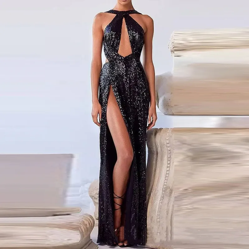 Sexy Bla Sequin Bal Long Dr Slimming Evening Gown Par Drinking Ceremony High Street Sle Midi Skirt No Sve
