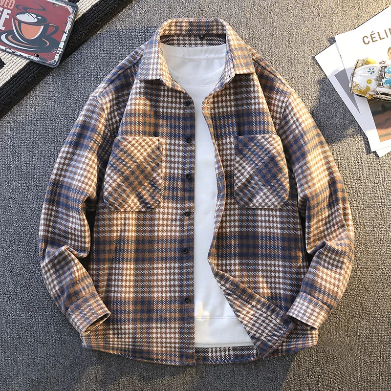 High-quality autumn youth fashion, cool and versatile, trendy and casual, frosted checkered shirt for men