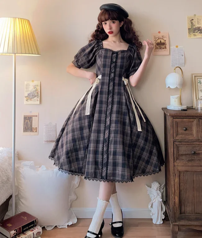 Preppy Style Op Plaid Elegant Slim Lolita Dress 2024 Spring and Summer Women Girls Short Sleeve JK Calf-length Dresses