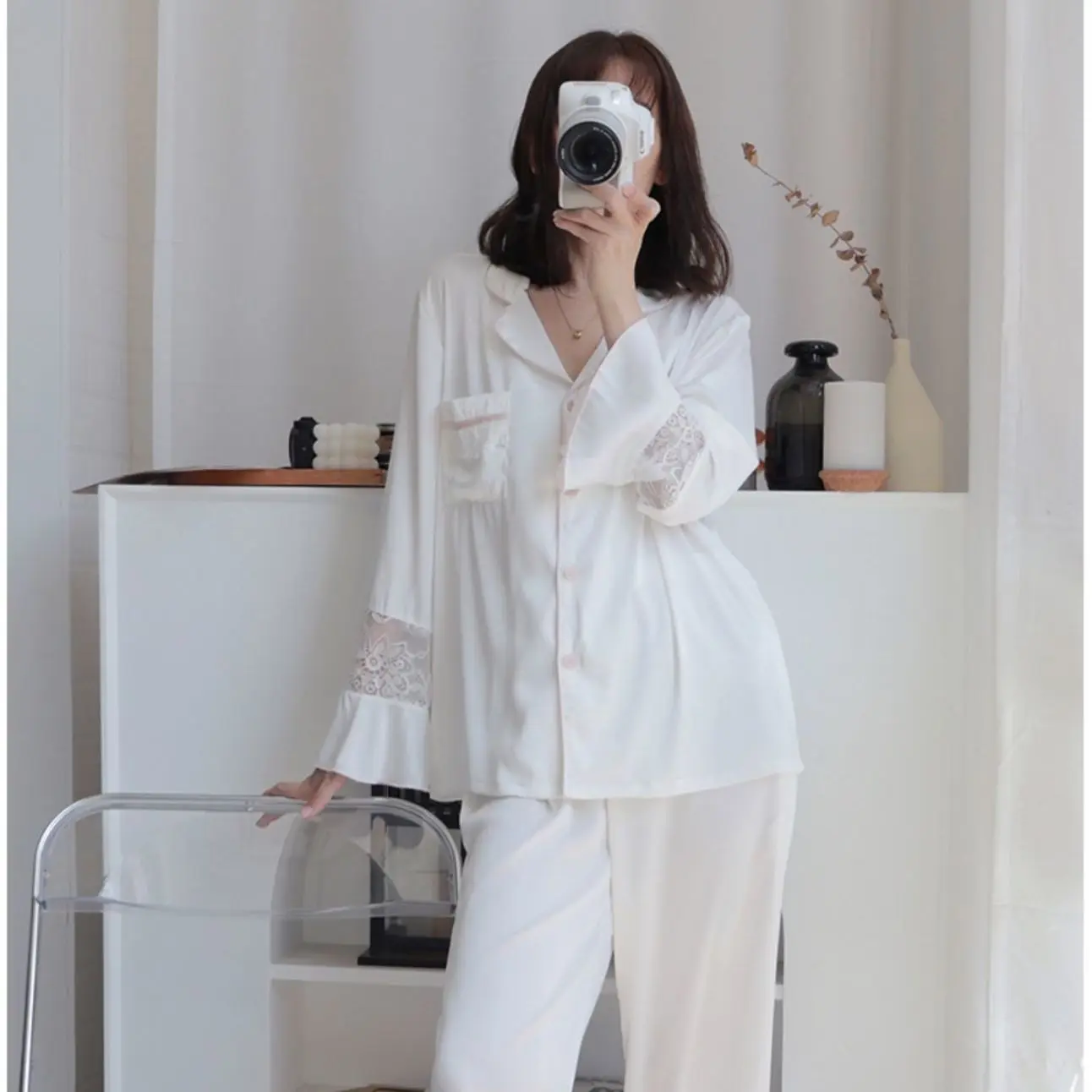 White Flare Sleeve Lace Pajamas Set Women Turn Down Collar Sleepwear Satin Silk Homeclothes Ladies Long 2Pcs Pyjamas Nightwear
