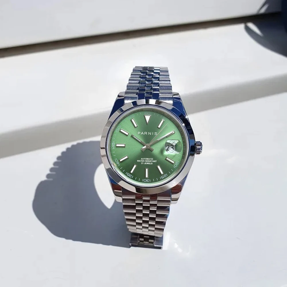 2024 Luxury Brand Parnis 39.5mm Green Dial Automatic Mechanical Men Watches Calendar Sapphire Crystal Watch For Men reloj hombre