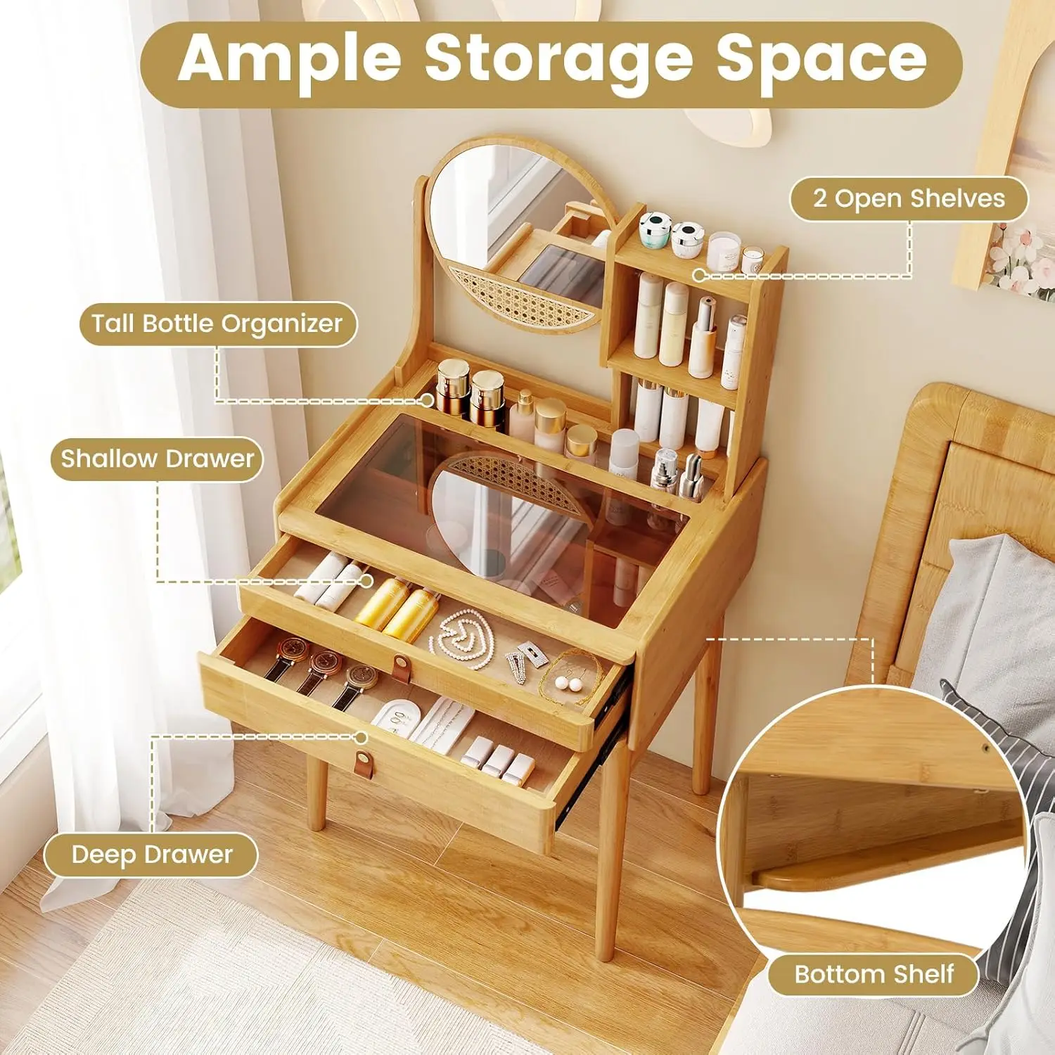 Small Bamboo Makeup Vanity Table in Bedroom, 23.5\ view 2