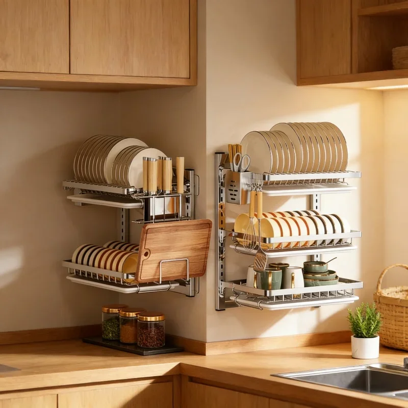 Wall Mounted Kitchen Dish Rack Multifunctional No-hole Storage Rack Chopsticks Knives Plates Draining Storage Kitchen Accessory
