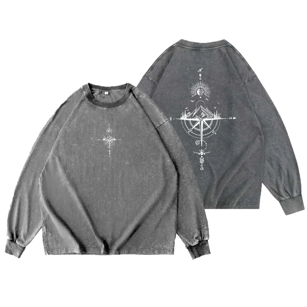 Men Retro Washed Heavyweight Cotton Long Sleeve T-shirt Loose Drop Shoulder Star Compass Graphic Streetwear Tops