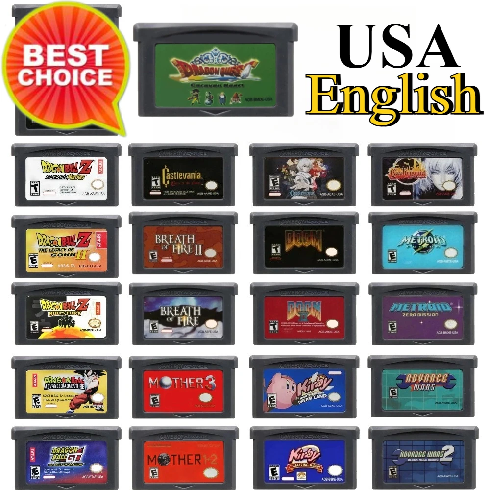 GBA English Game Cartridge Final Fantasy Advance Wars Metroid Kirby Golden Sun Doom of Fire for GBA SP Game Classic Game Card