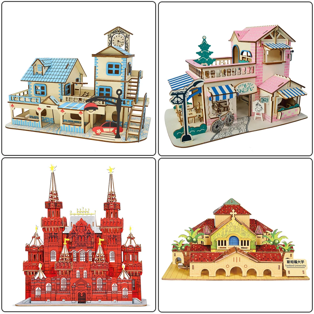 3D Wooden Puzzle Eiffel Tower Bridge DIY Building Model Harvard University of Cambridge Wood Jigsaw Toys For Children Kids Gift