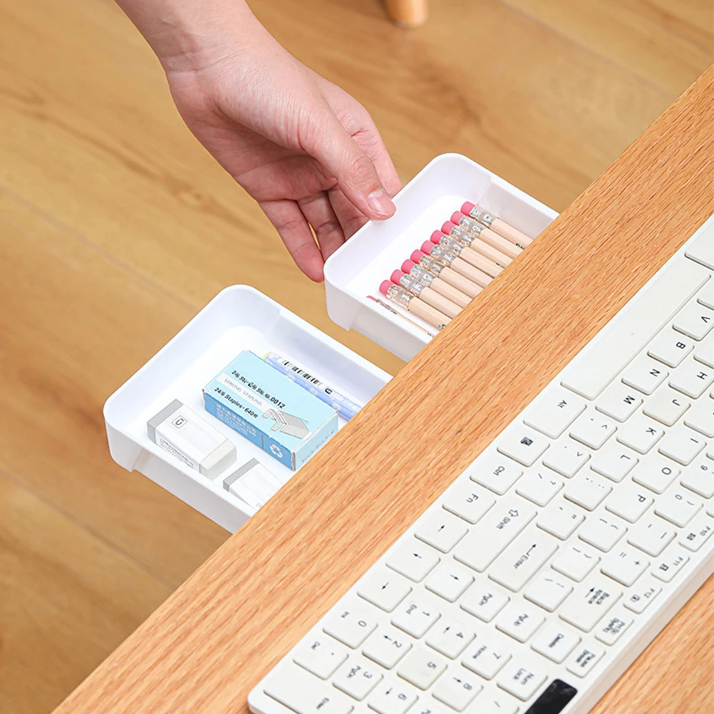 2pcs Storage Box Self-Adhesive Under Desk Drawer Hidden Desktop Organizer For Pens Erasers Office Supplies Table Bottom