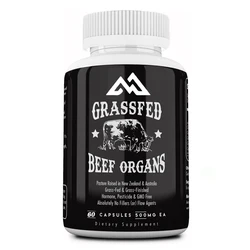 Grass fed beef organ supplement, containing liver, heart, kidney, pancreas, crispy, freeze-dried beef, non GMO, 60 capsules