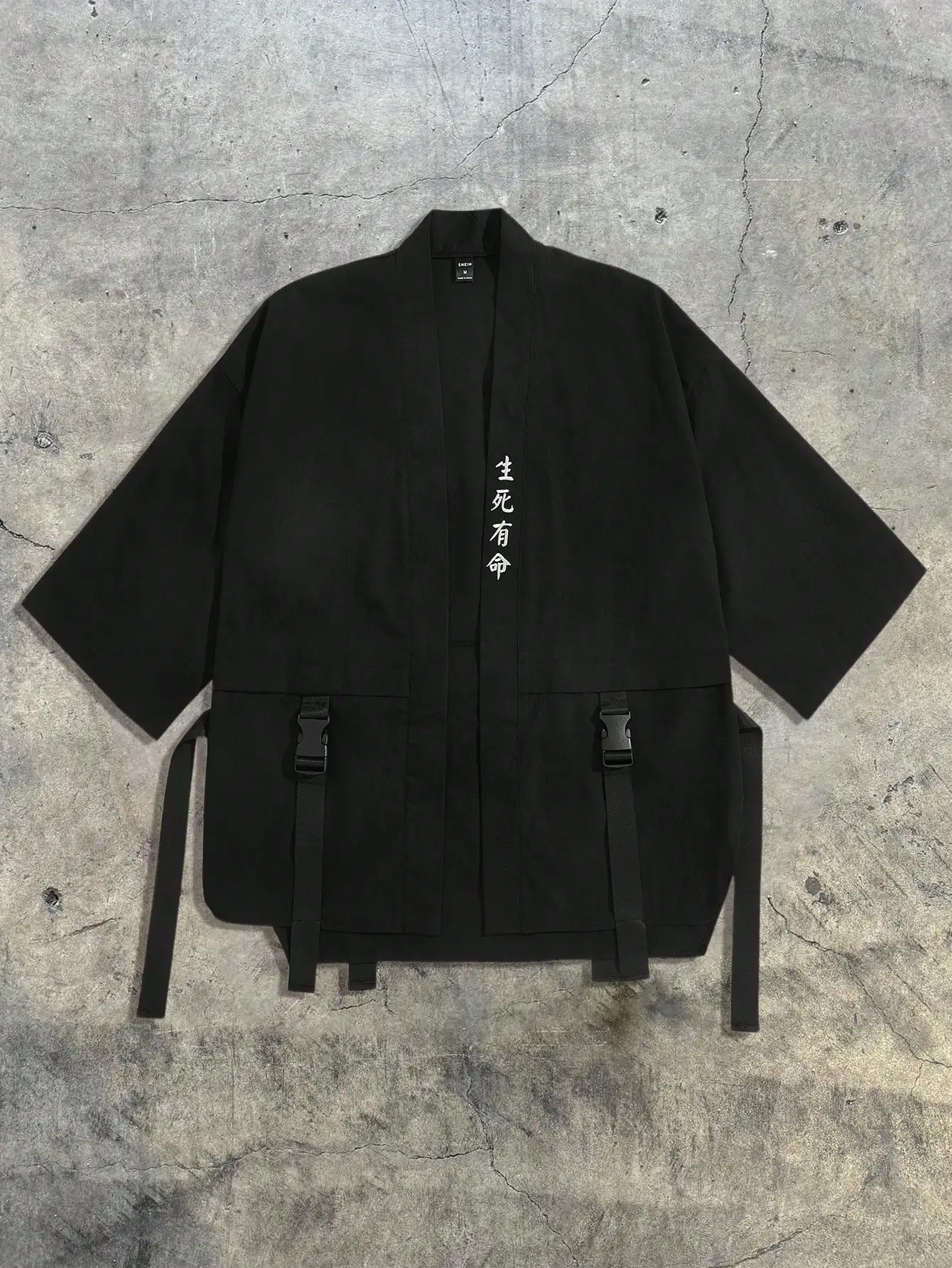 

Black Loose-Fit Kimono-Style Shirt with Chinese Characters and Buckle Pockets