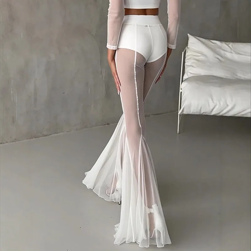 Women's Sexy Fashion Elastic Slim-fit Hollow Transparent Mesh Flared Pants