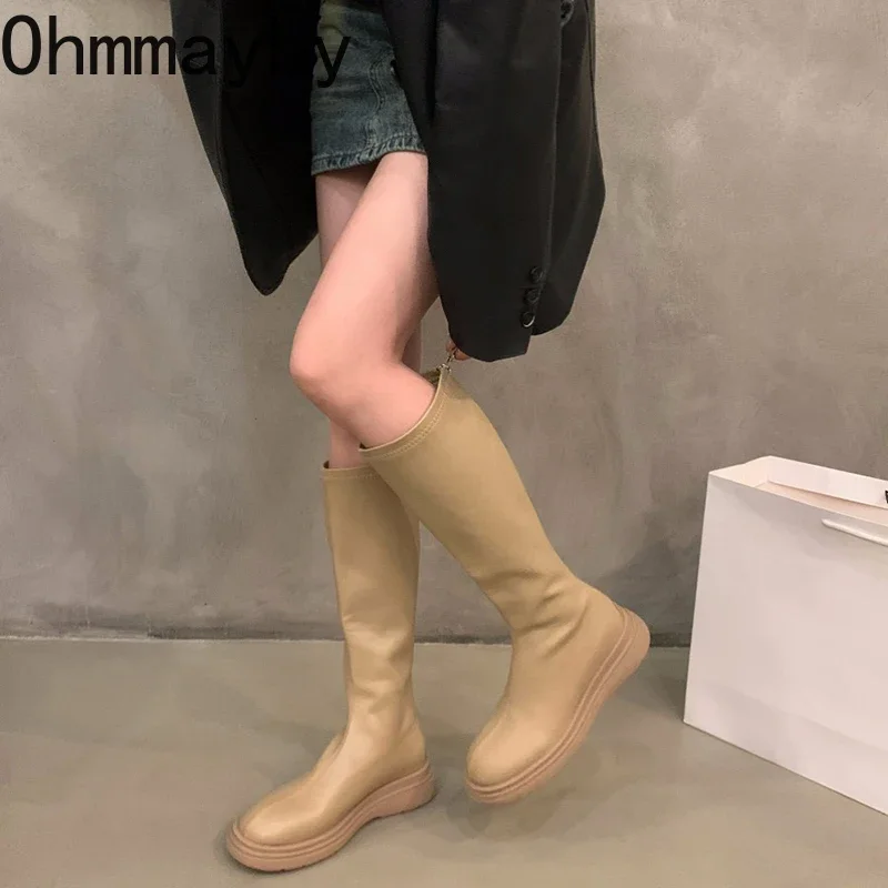 2024 New Autumn Women High Boots Fashion Ladies Soft Leather Flats Long Boots Back Zippers Women\'s Footwear