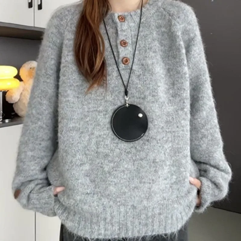 Leiduo Gentle Wind Soft Waxy Long Sleeve Sweater Women's Autumn Winter Casual Bottoming Sweater Niche Gray Top