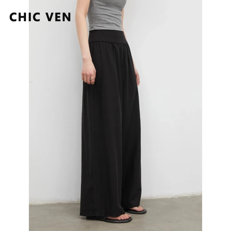 

CHIC VEN Корейские женские брюки черные однотонные новые свободные повседневные с высокой талией широкие офисные брюки для женщин весна-лето 2026