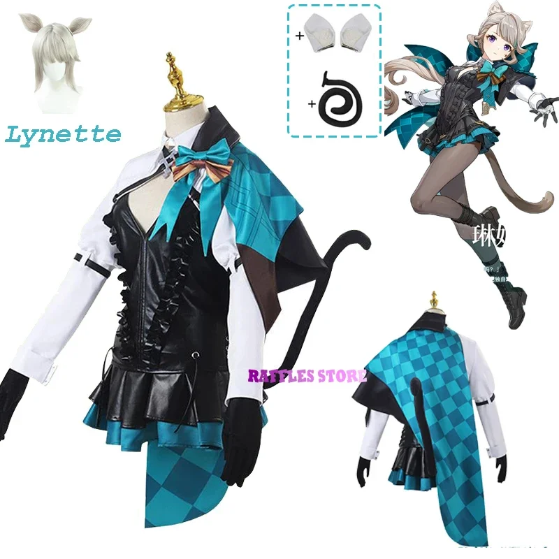 Lynette Genshin Cosplay Costume Wig Anime Game Genshin Impact Fontaine Woman Costume Linnette Top Skirt Ears Halloween Suit 2023