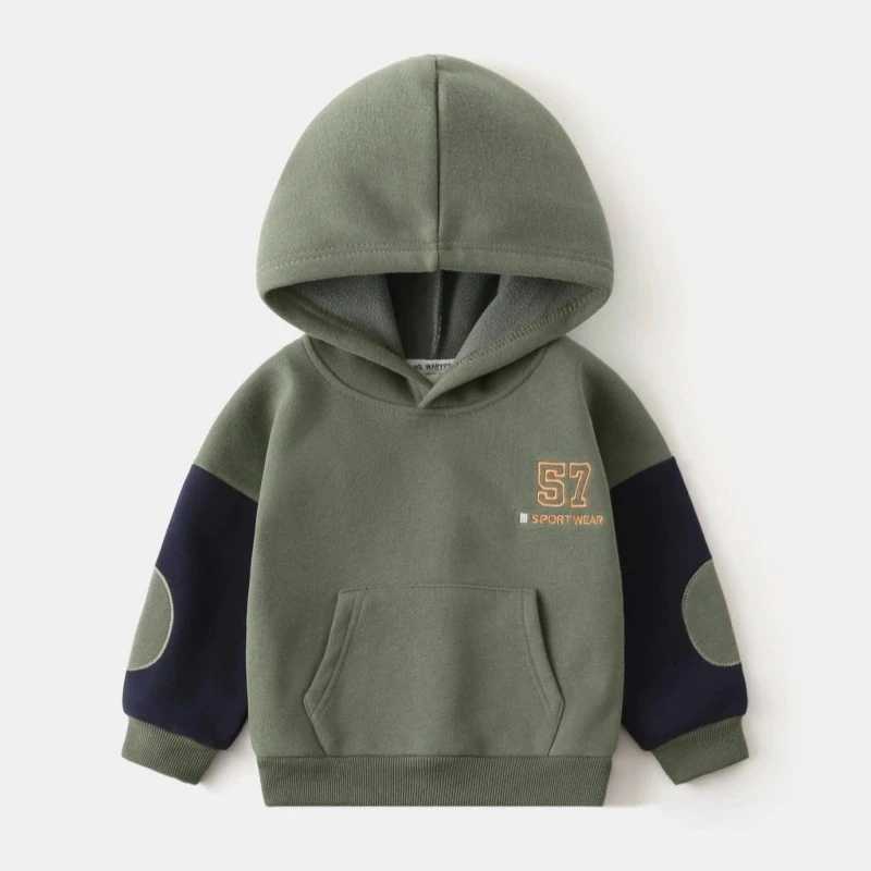 Boys Letter Embroidery Hoodie Autumn Winter New Color Blocking Polar Fleece Warm Sweatshirt Casual Top For Kids 2-8 Years
