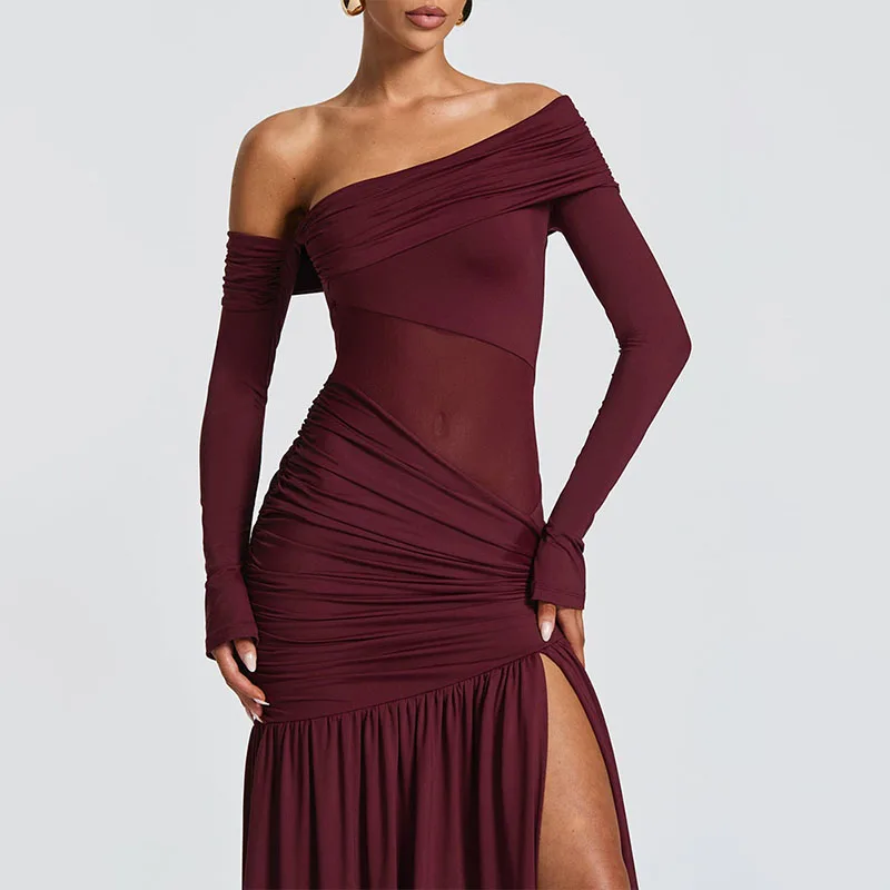 ZHIO Neues Kleid mit schrägem Kragen und langen Ärmeln, sexy schulterfreies Maxikleid mit seitlichem Schlitz, elegantes rückenfreies enges langes Clubkleid für Damen – Detail 2