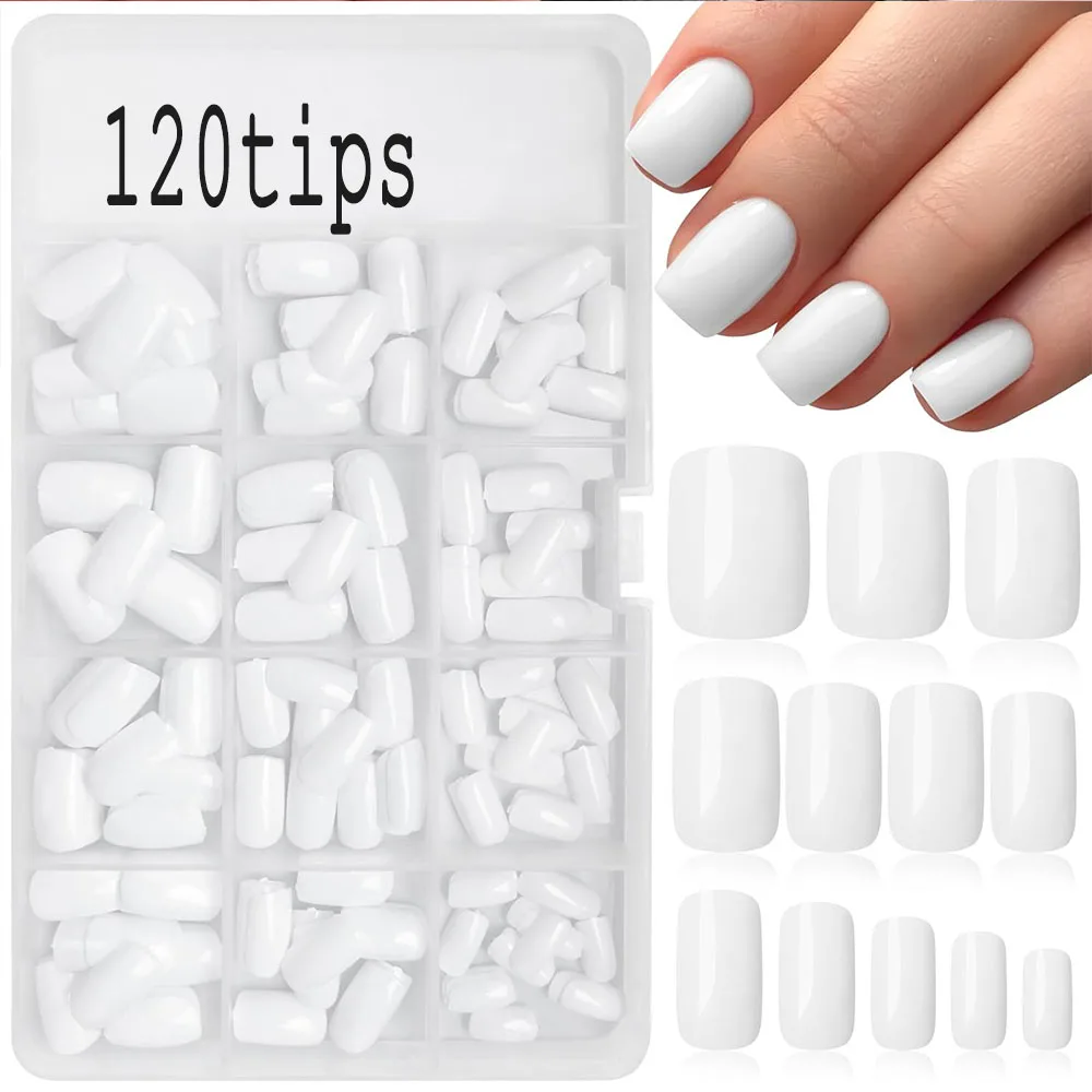 

120pcs White Medium Square Acrylic False Nail Tips Soft Detachable Full Cover Fake Nail Tips For Nail Extension Press On Nails##