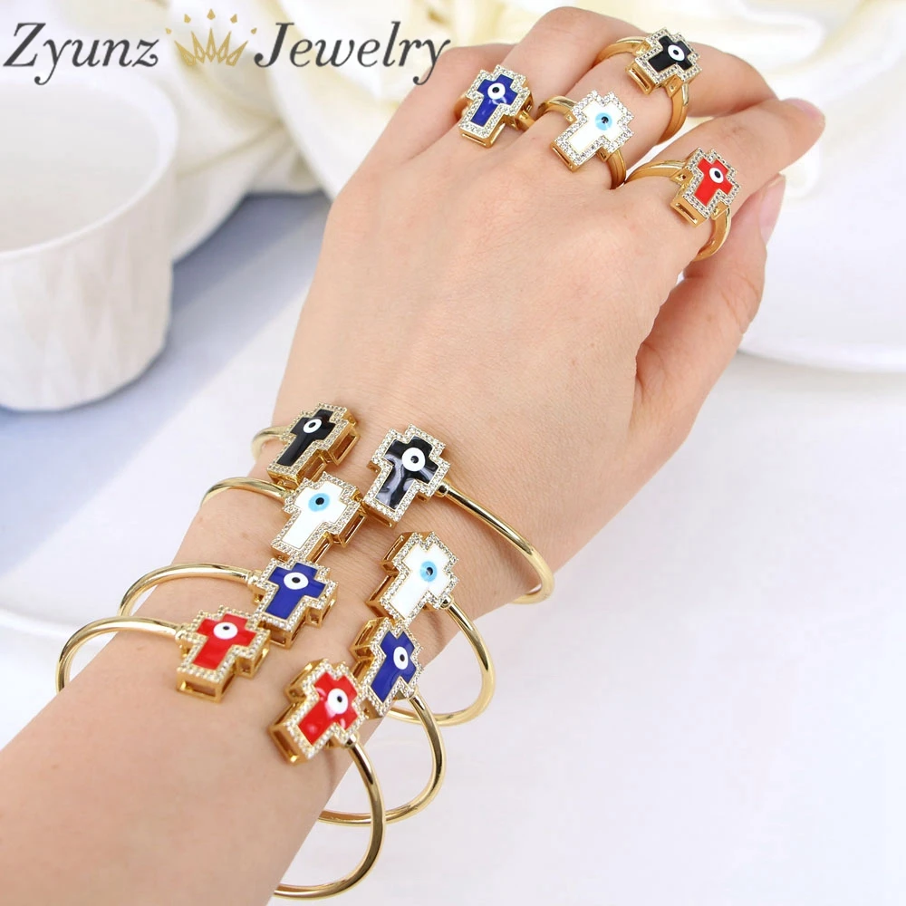 4 sets, Greek Evil Eye Cross Shape Charm Zircon Enamel Bracelets Rings and Bangles For Women Gold Plated Fashion Jewelry