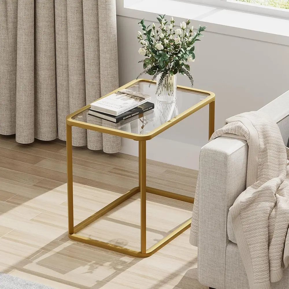 طاولة جانبية مستطيلة بإطار معدني ذهبي للغرف المتعددة، سهلة التجميع، 23.6 × 15.7 × 20.8 بوصة
