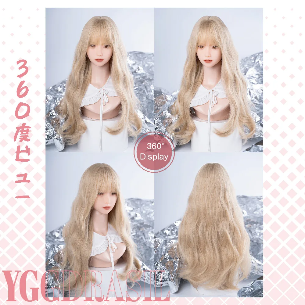 26 Polegada loira lolita estilo perucas sintéticas com franja longo ondulado peruca de cabelo para uso diário feminino cosplay drag queen resistente ao calor