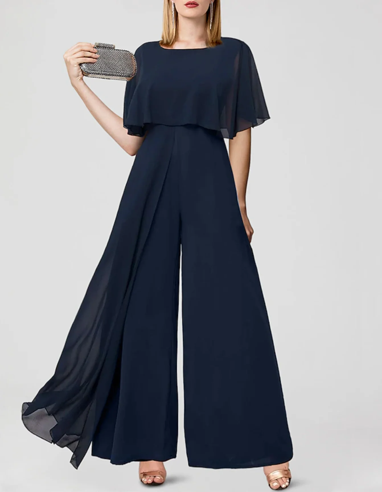 Jumpsuits Wedding Guest Dresses Elegant Dress Formal Wedding Floor Length Short Sleeve Jewel Neck Chiffon