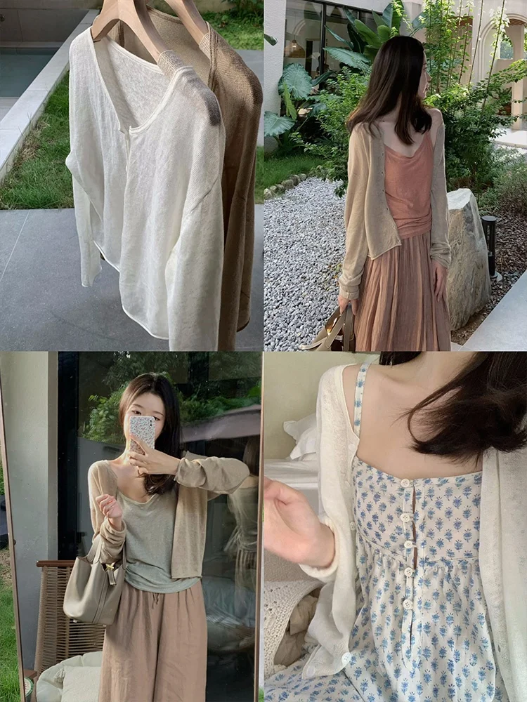 

ZNG OP Women's "H Summer" Full Linen Cool Feeling l Sle Lazy Knitted Open Cardigan Long Sve Thin Coat Button...