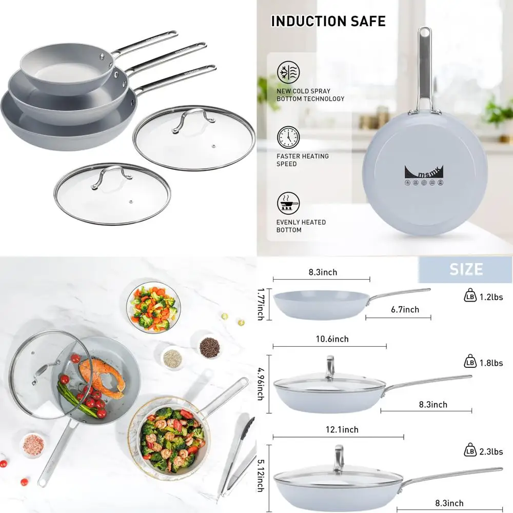 

Non-Stick Pan Set with 8, 10, and 12 Inch Frying Pans, Tempered Glass Lids, Cool Handles, Oven Safe Up to 70, Cookware for Every