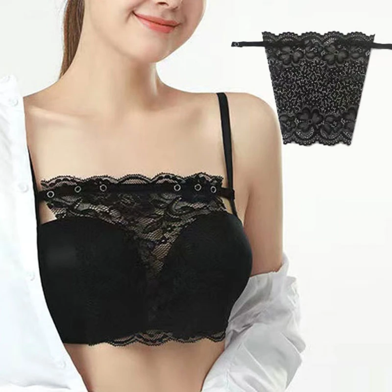 Women Summer Clip-On Floral Leaves Lace Mock Camisole Bra Insert Cleavage Cover Overlay Panel Vest Wrapped Chest Bandeau