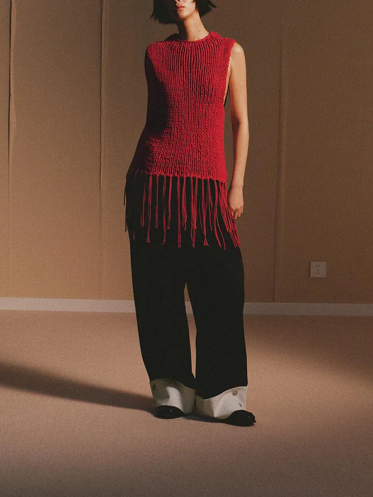 Wiosenna Nowość Damska Dzianinowa Wyszczuplająca Okrągła Bluzka z Frędzlami Dekoracyjnymi Wysoki Stan Do Pracy Średniej Długości Dr