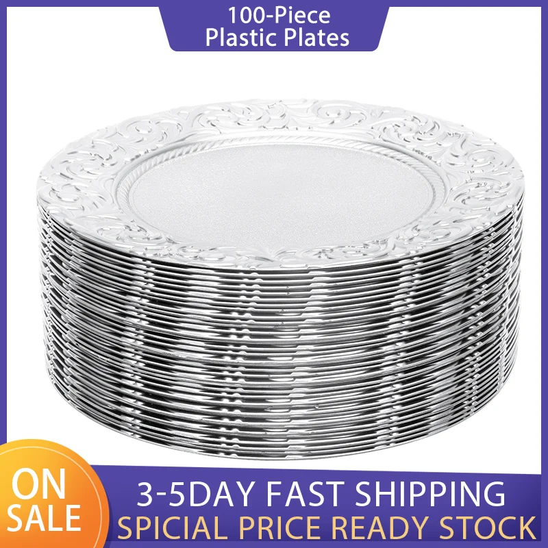 Juego de platos de plástico de 100 piezas, redondos de 13 pulgadas en relieve con patrones florales de Fénix, platos de servicio reutilizables para banquetes de boda