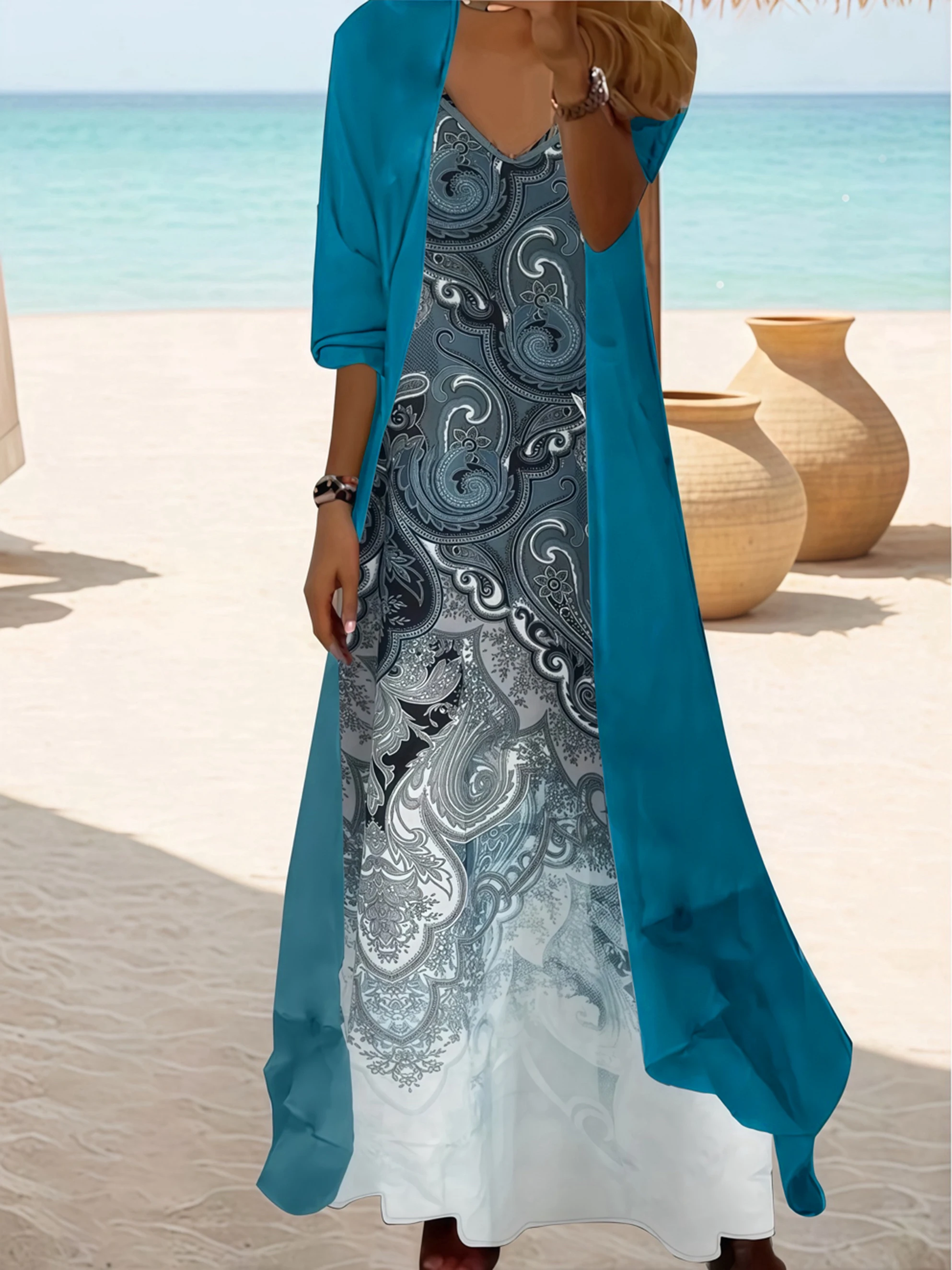 Plus Size Floral Print Maxi Dress with Sheer Cover, Bohemian V-Neck Two Piece Set