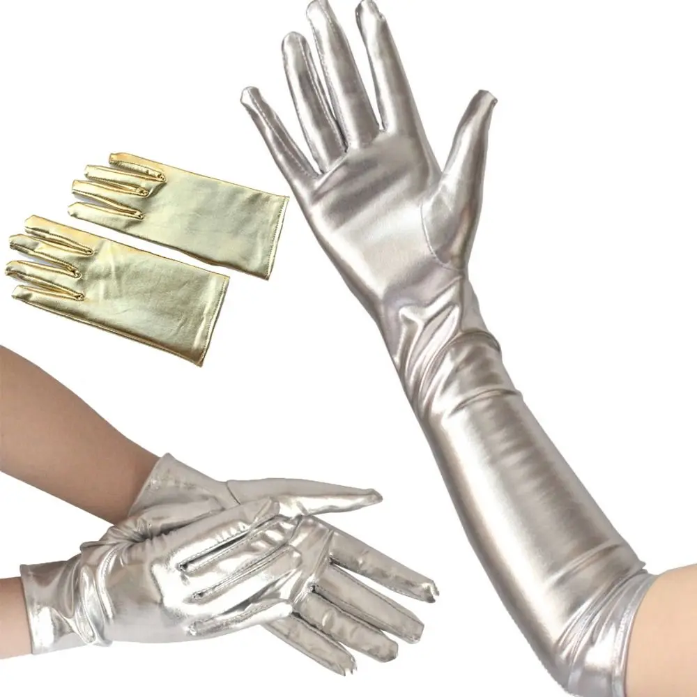Fashion Shiny Bright Leather Gloves Gold Silver Color Long/Short Etiquette Gloves Stage Performances Punk Mittens Halloween