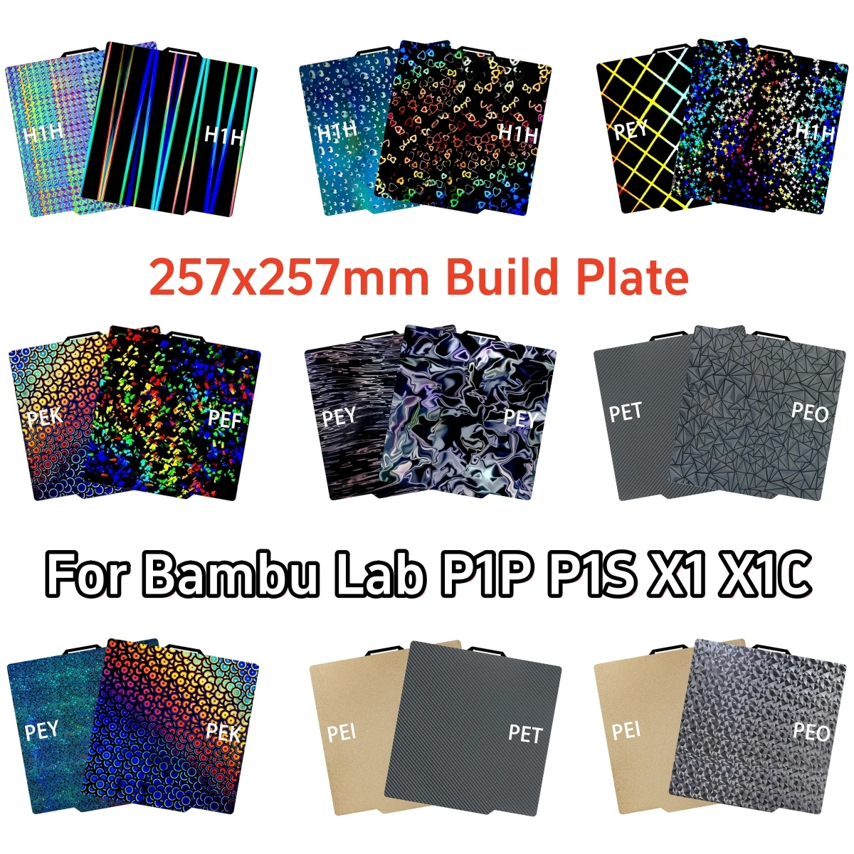 

Лист A1 pei для Bambu Lab P1P P1S X1, строительная пластина 257x257 мм, PEO PET x1, углеродная H1H PEY, пружинная стальная пластина для Bambulab Bamboo P1P