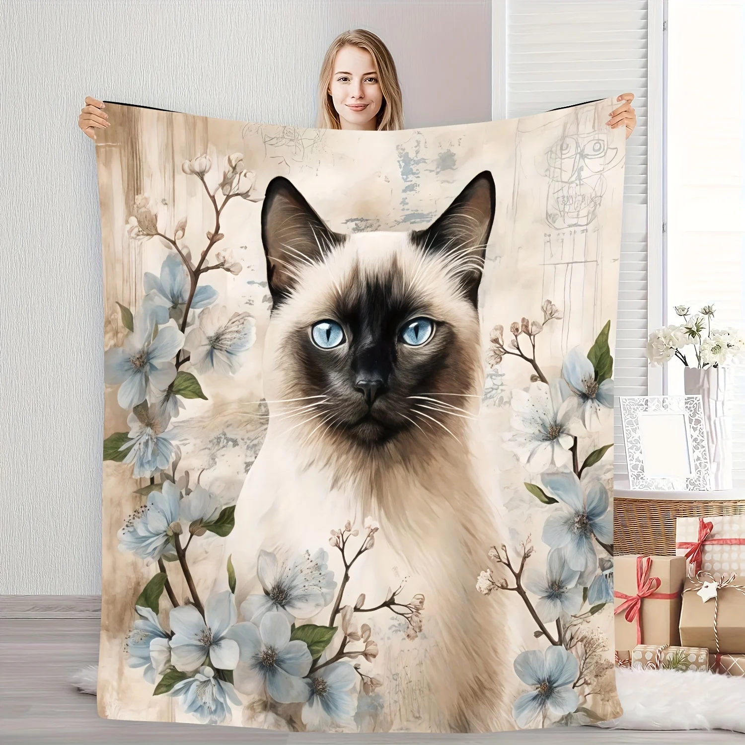 Light Blue Floral Siamese Cat Flannel Blanket Soft Warm All Season Throw for Sofa Bed Office Travel Perfect Gift