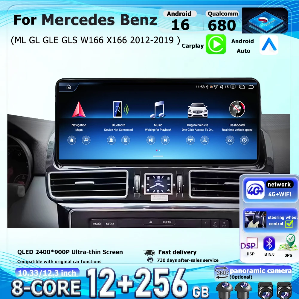 Android 16 For Mercedes Benz ML GL GLE GLS W166 X166 2012-2019 Video Player Auto GPS 4G Lte