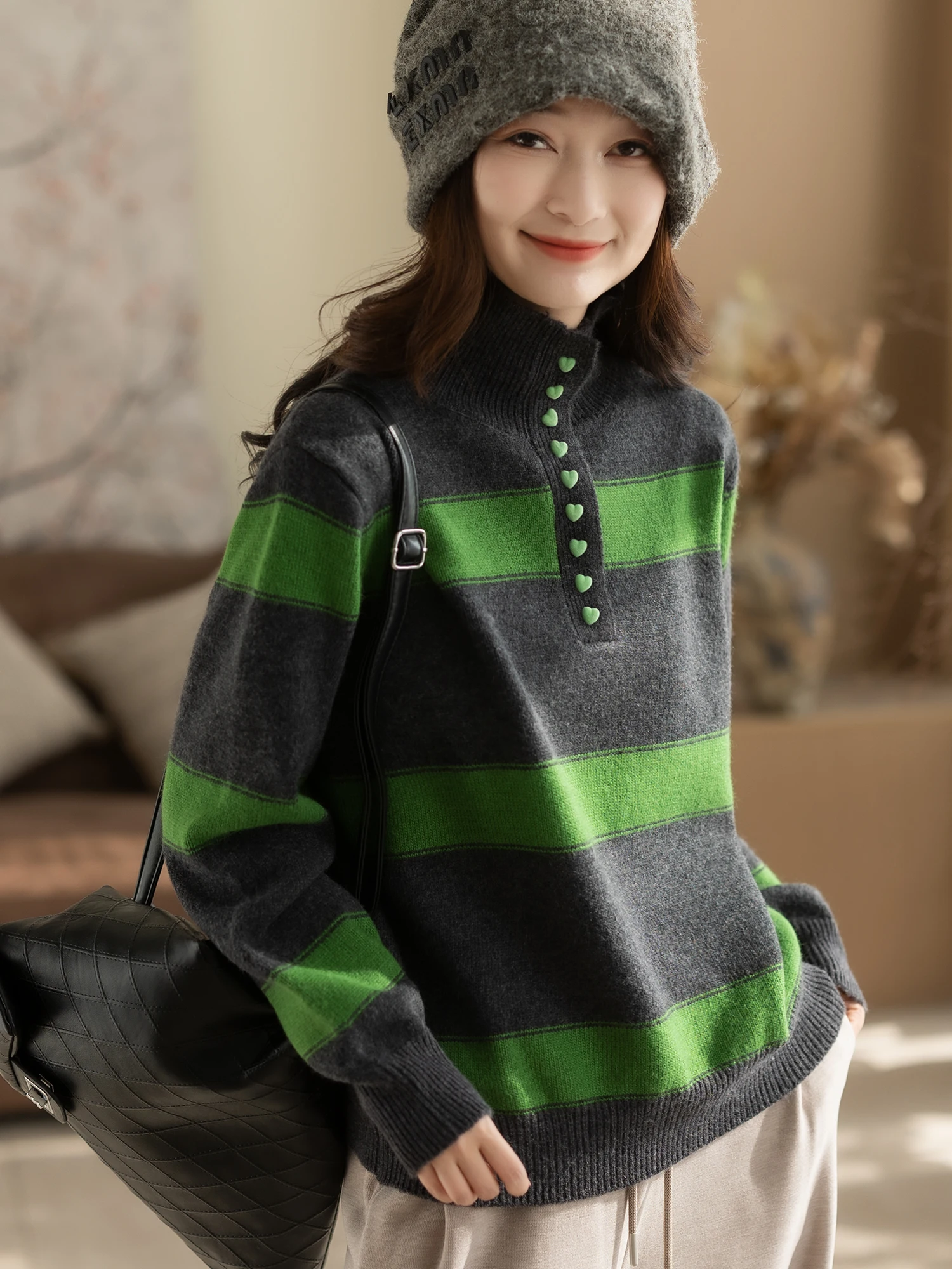 

K Feathers Women's Winter High Collar Casual Artistic Striped Wool Loose Faionable Top Polyester Fiber Long Sve