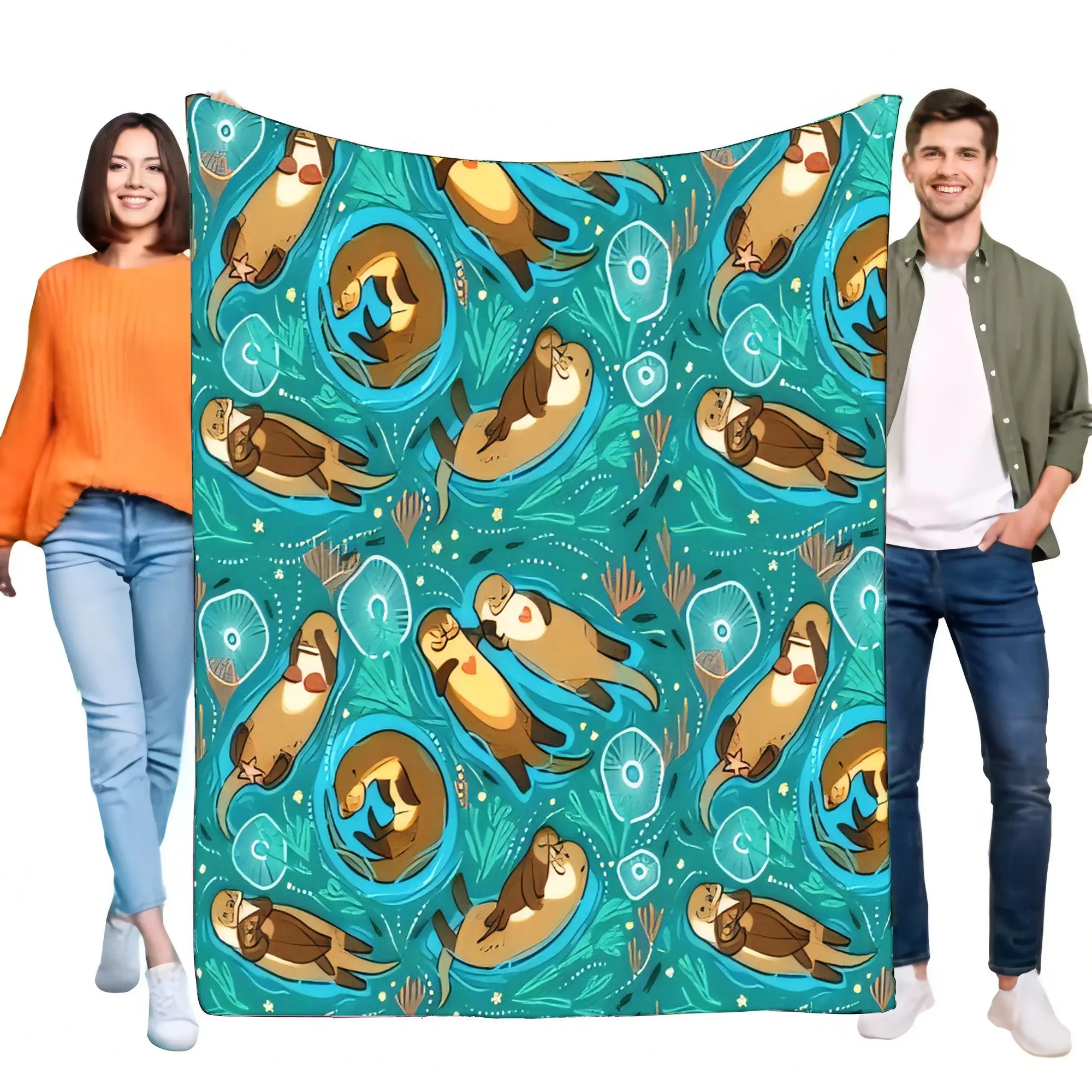 Grillige Otter-Muster-Decke in Blaugrün, gemütlicher weicher Überwurf für Bett oder Sofa, perfektes Geschenk für Tierliebhaber, verspielte Heimdekoration, hell