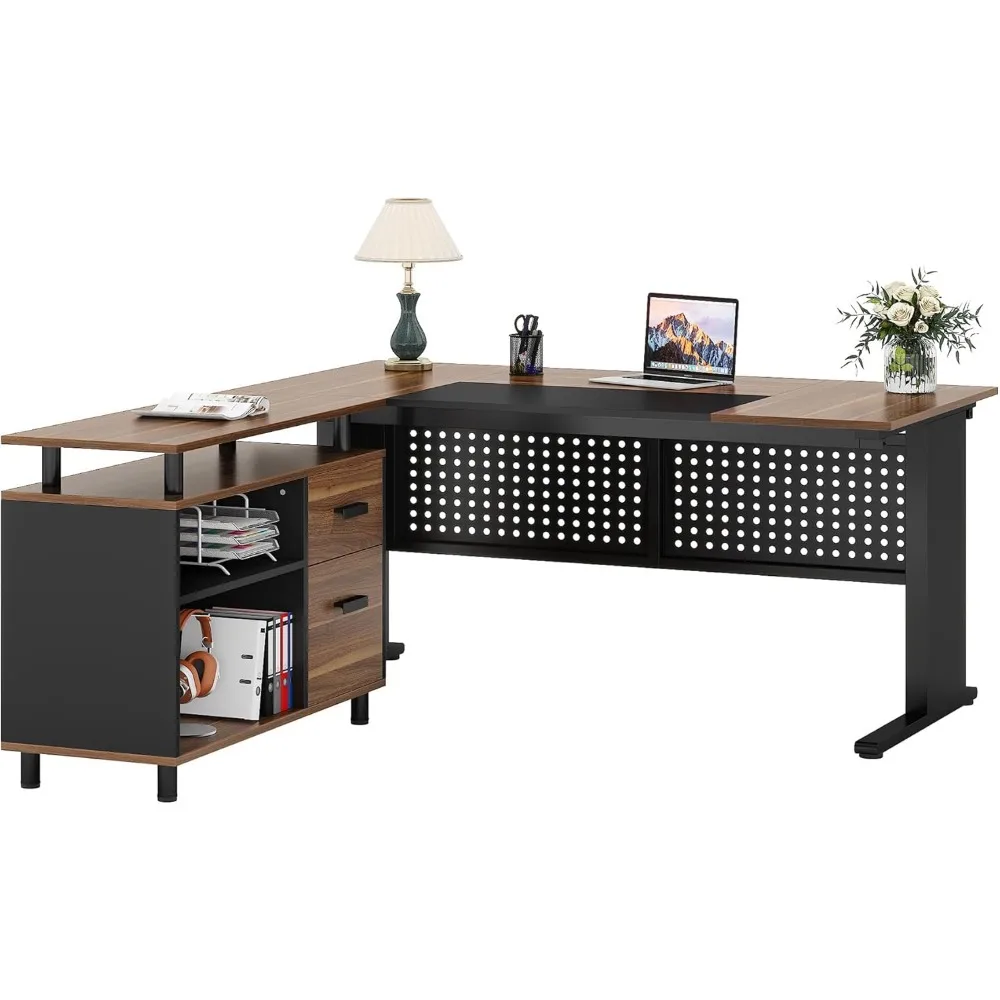 

63 Inch Executive Desk with File Cabinet, Large Office Desk L Shaped Computer, Office Desks