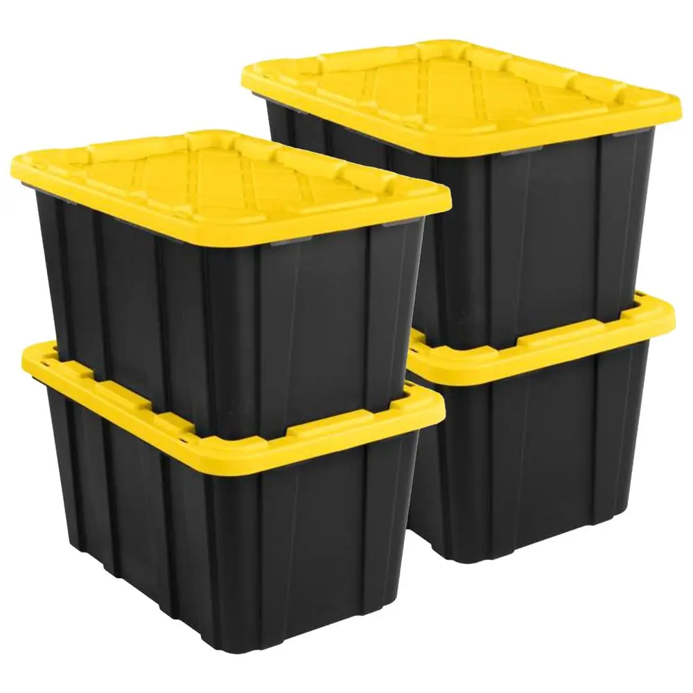 

4Pack 27 Gallon Industrial Storage Tote, HeavyDuty Plastic Bins, Black Yellow Stackable Utility Organizers with Lids for Garage