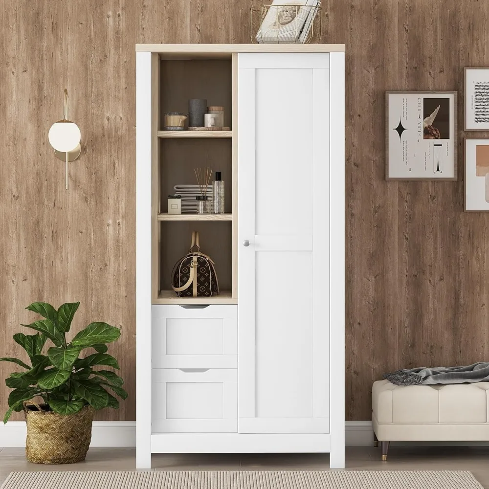 

68.3" H Wardrobe Closet with Sliding Door Bedroom Storage Wooden Wardrobe with Hanging Rods, 2 Drawers and Open Shelves for Bed