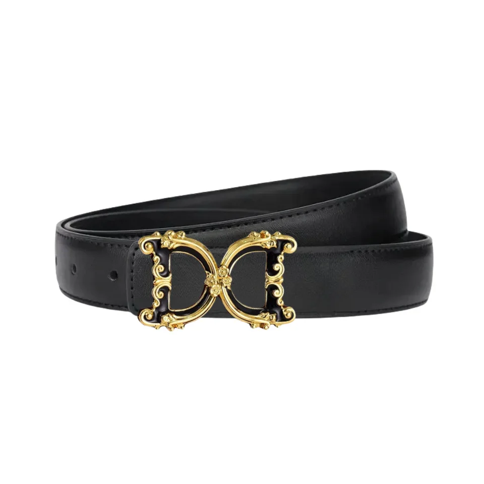 Ladies Vintage Ornate Double‑D Shape Metal Buckle Waist Belt Faux Leather Slim Waistband Decorative Strap For Daily Pants Dress