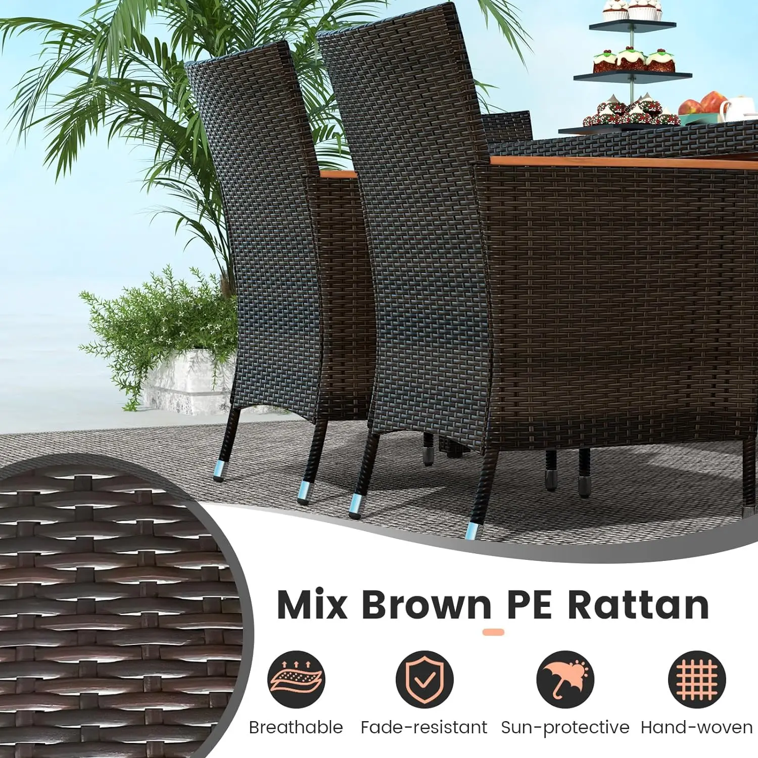 Outdoor Wicker Jantar Set com Umbrella Hole, Pátio Jantar Móveis Set, Acacia Wood Table and Chairs, 7 pcs