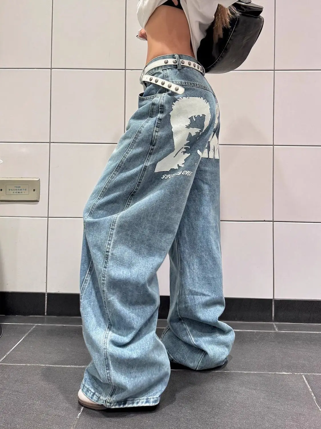plus Size American Retro Letter Print Denim Pants Women's Design Sensation Autumn New Loose Slim Wide Leg Floor Length Pants