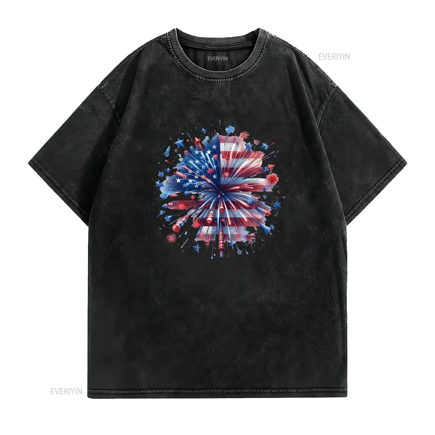 USA Firework Women T Shirt 4th Of July Independence Day America Red White Blue Patriotic American vintage Washed Casual