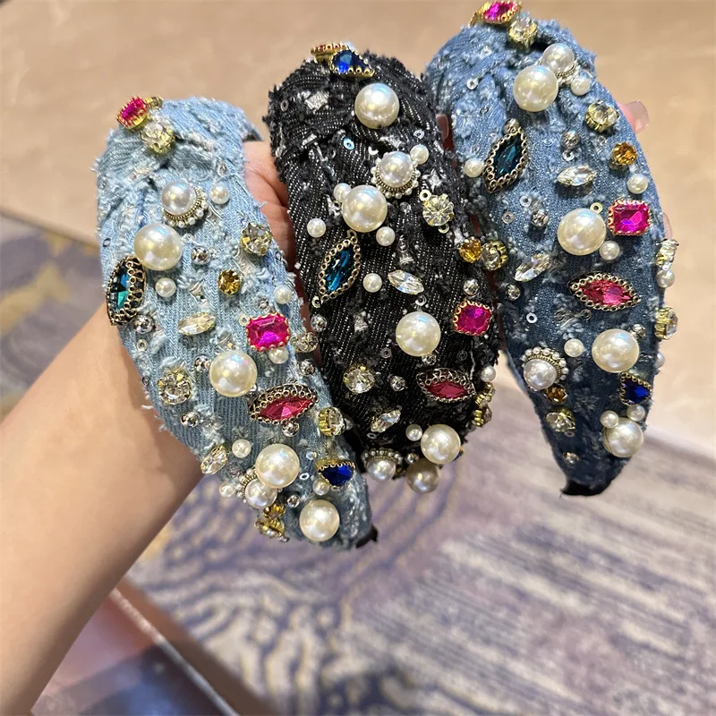 

Европейская и американская новая джинсовая повязка на голову в стиле барокко с бисером и стразами, нишевый дизайн, аксессуар для волос