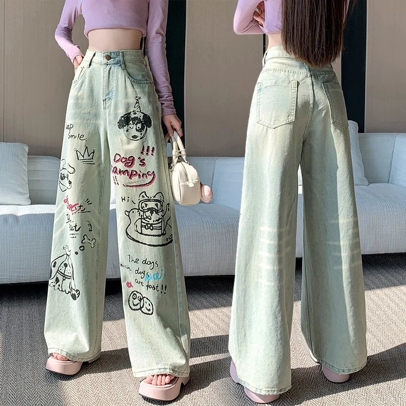 Women's Heavy‑Craft Graffiti Denim Wide‑Leg Pants, High Waist Versatile Streetwear Straight‑Leg Floor‑Length Trendy Jeans