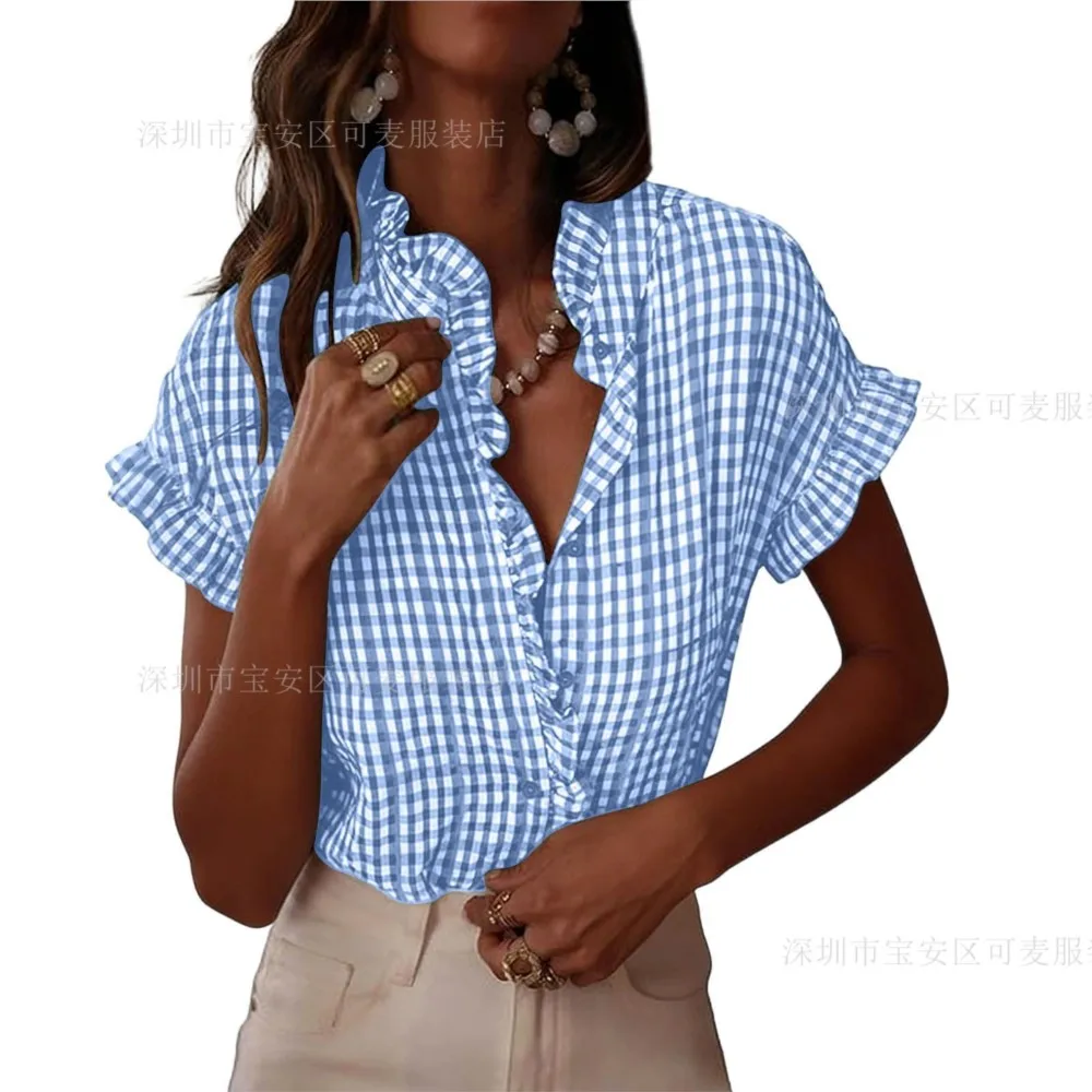 

Fungus Plaid Short-sleeved Top Summer Women's New Fashion Sexy V-neck Casual Loose Single-breasted Shirt Blusas De Mujer