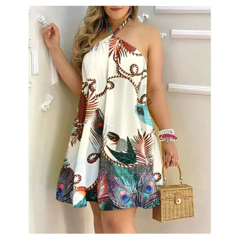 2024 Summer New Printed Sexy Women's Off Shoulder Hanging Collar Tie Loose Women's Dress Sleeveless Loose Waist A-line Dress