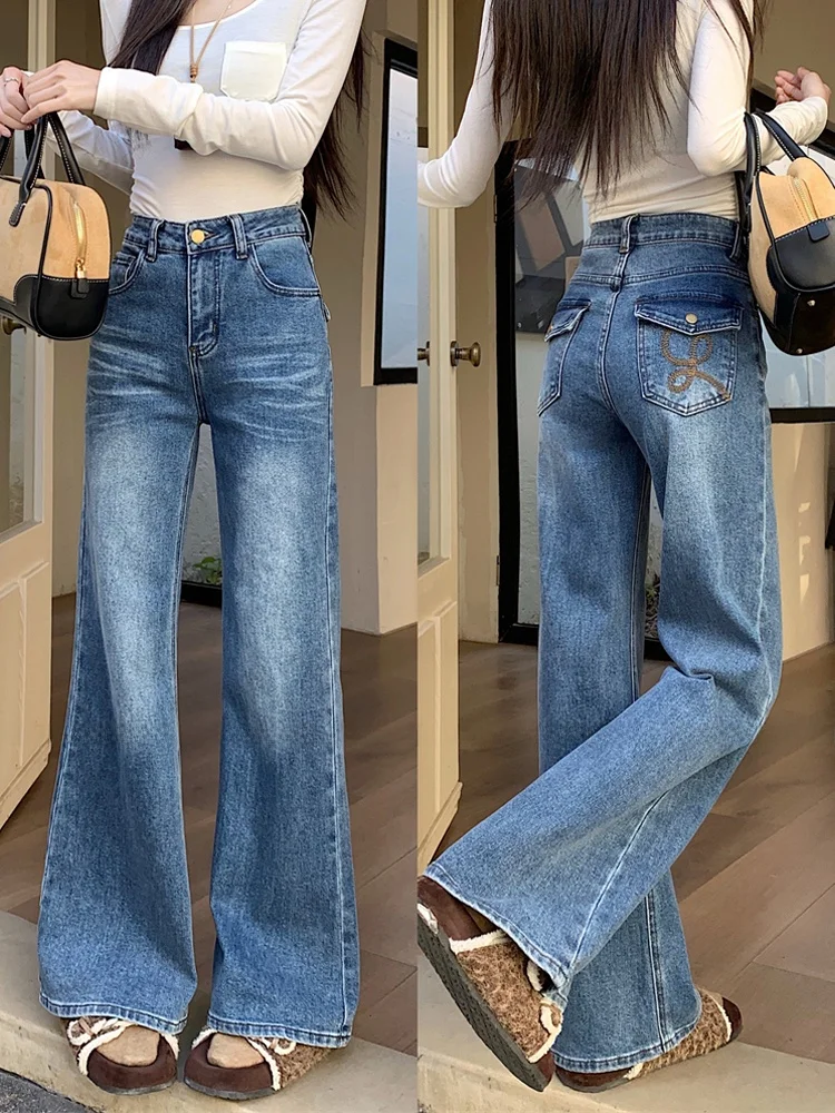 

Retro Waed Embroidered Flared Jeans Women's High Waist Slimming Premium Feeling Floor-Length Casual Pants Korean Sle